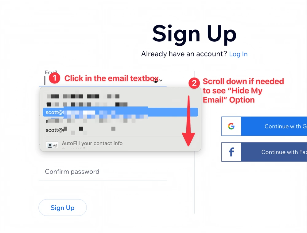 Click in the email
address
field