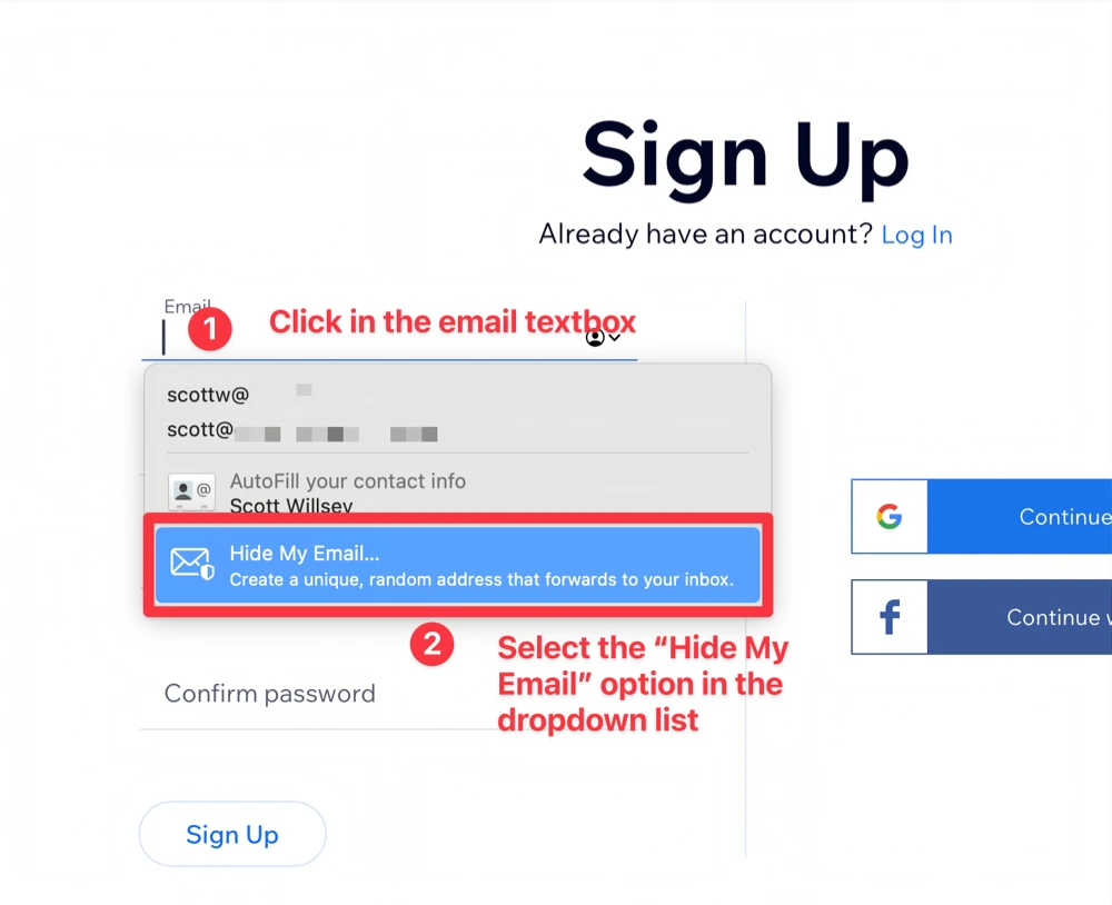 Click the "Hide My Email"
option