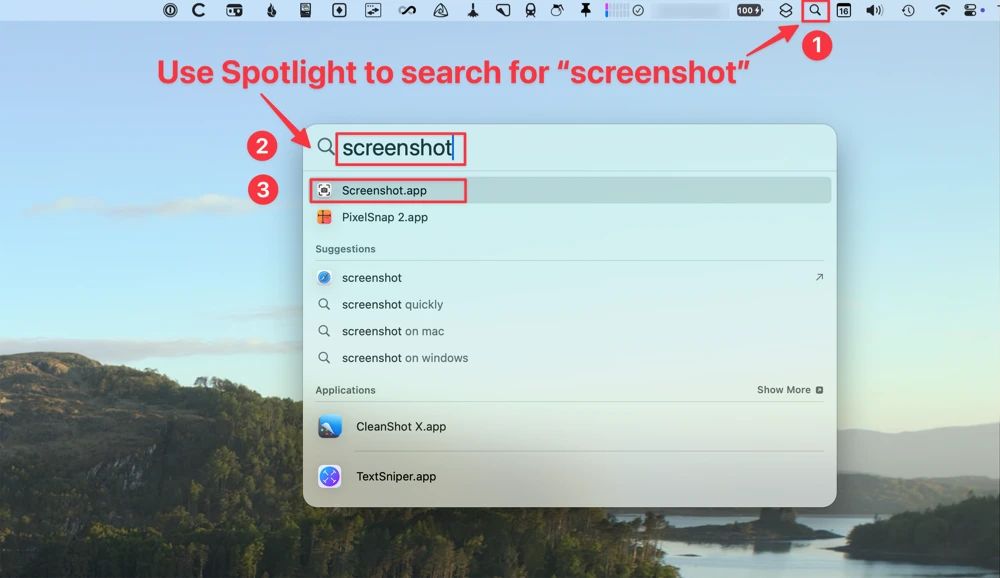 Search for "screenshot" in Spotlight